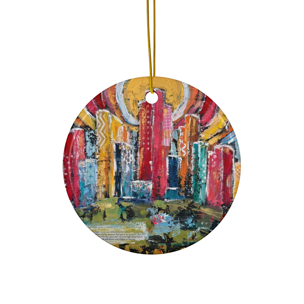 Vibrant Cityscape Ceramic Ornament - Colorful Holiday Decor